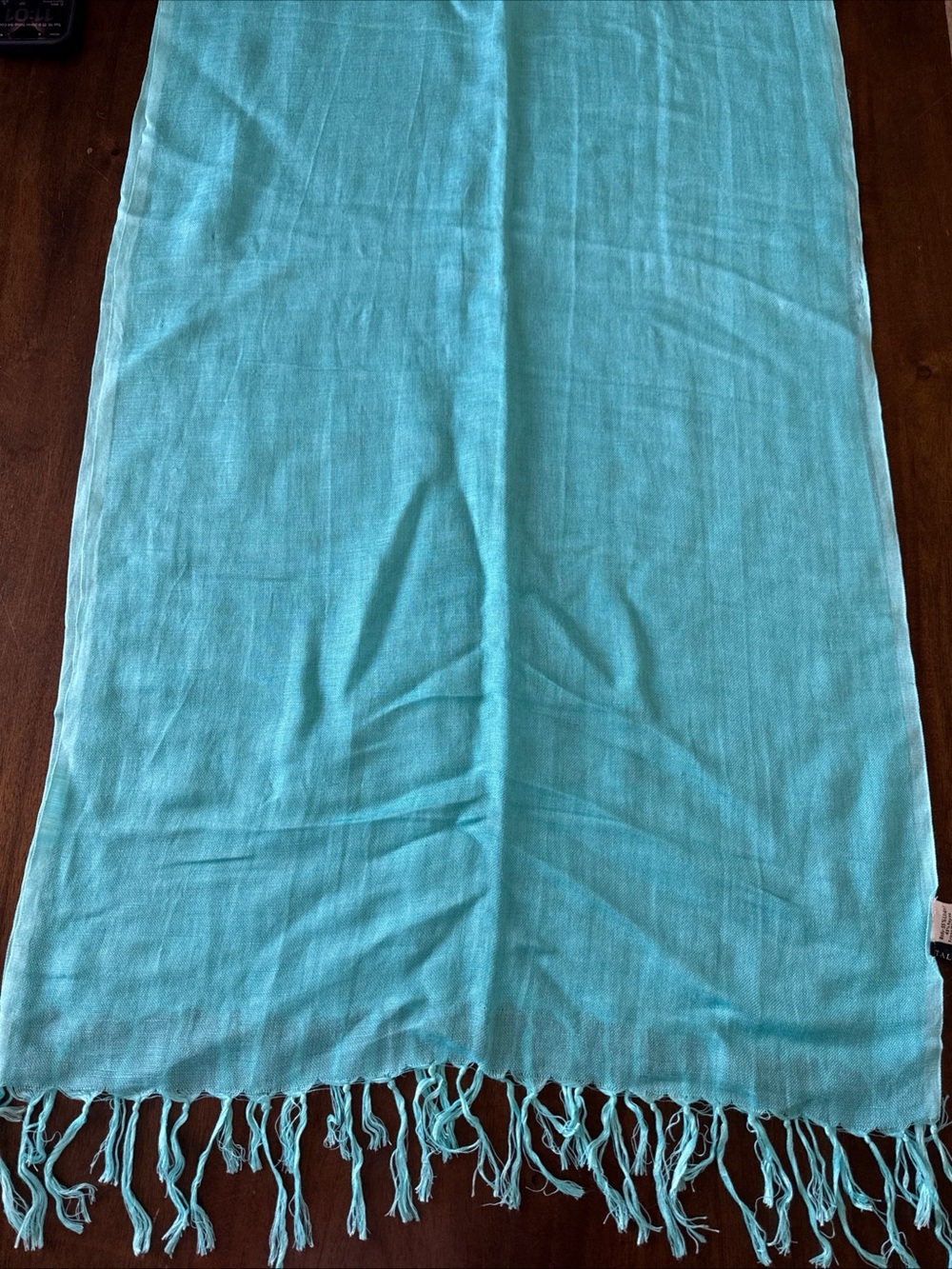 Talbots Linen Blend Turquoise Blue Pashmina Wrap Lightweight Tassel Fringe